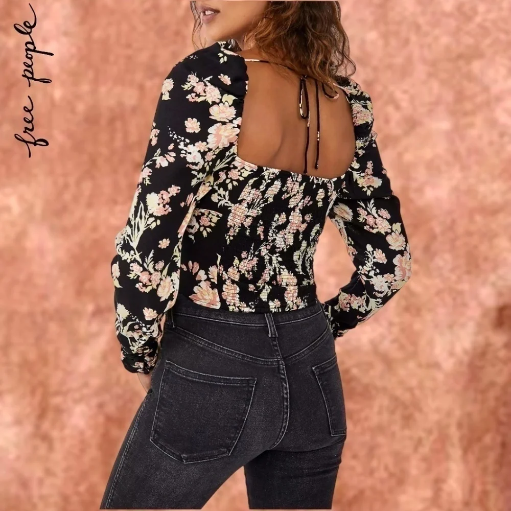 FREE PEOPLE Hilary Square-Keyhole-Neck Long Sleeve Ruch-Smock Details Top Lg